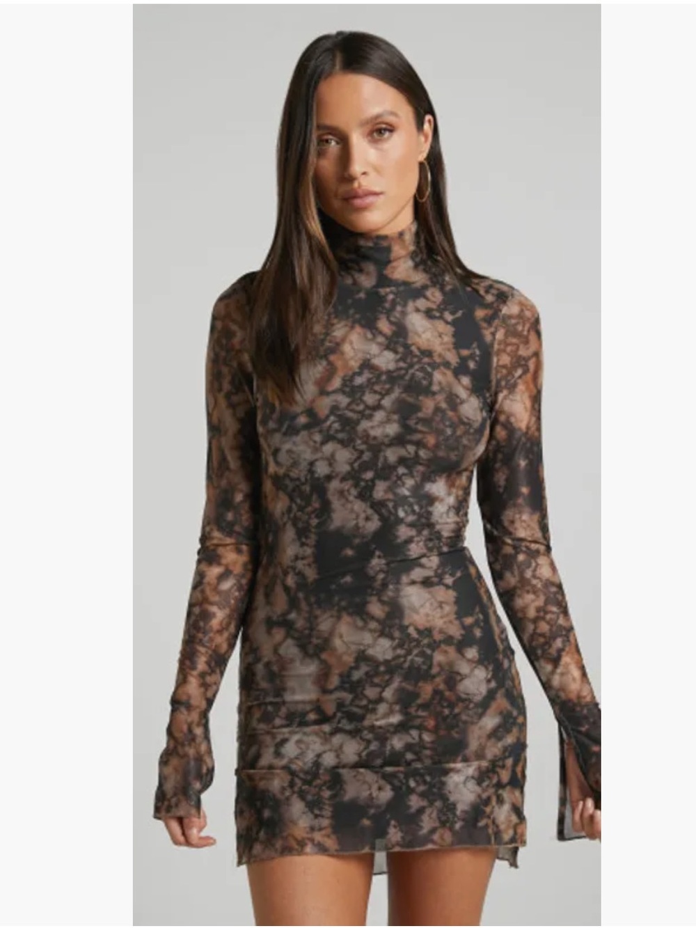 Runaway The Label Jordi Long-Sleeve Mock Neck Mini Dress in Stone Print
